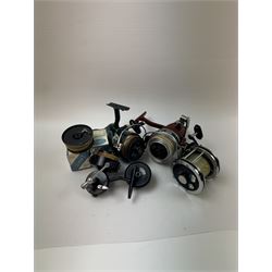 Four fishing reels, Winfield Beach fisher rod, Winfield International 20 , DAM International etc 