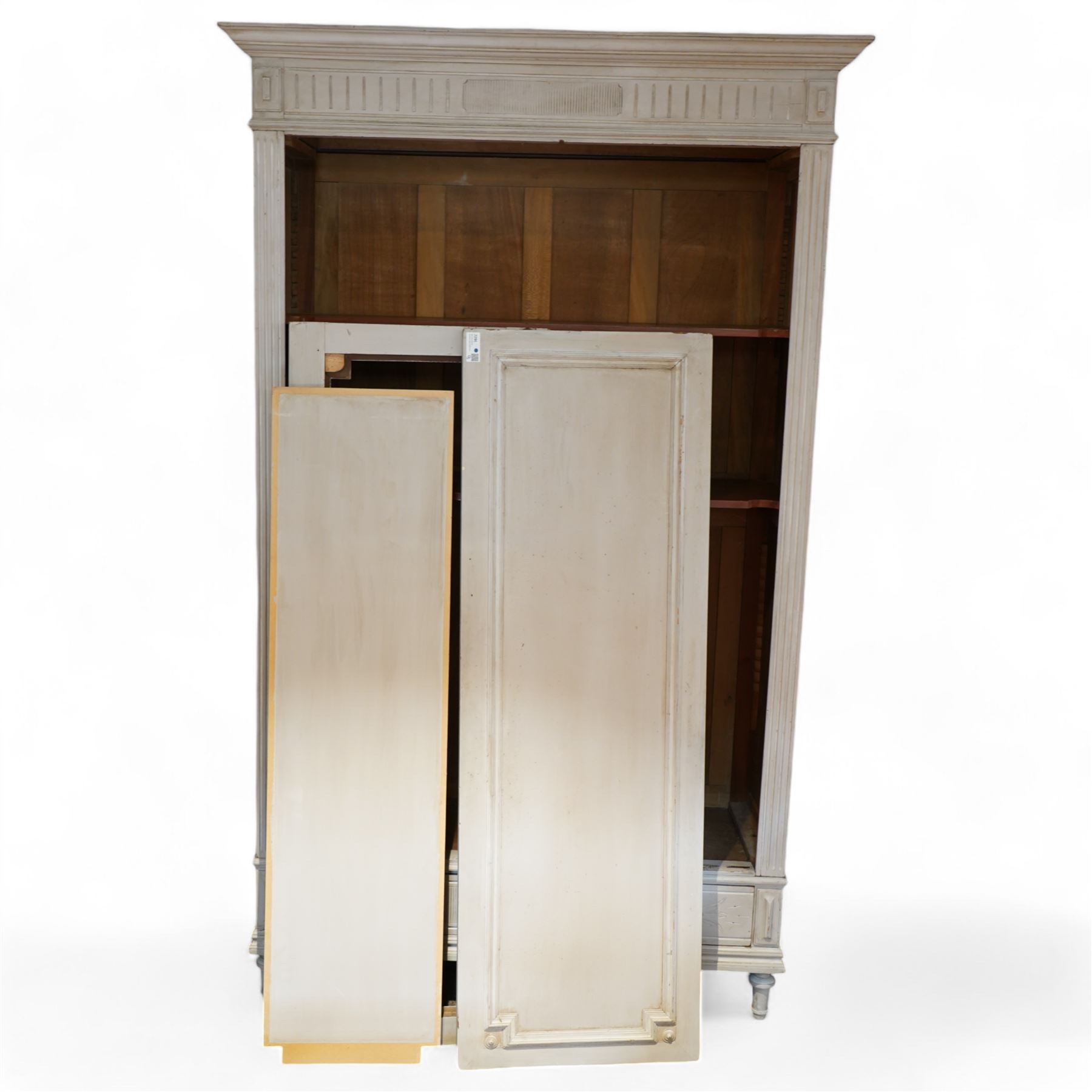 French grey painted armoire cupboard, fitted with two panelled doors, enclosing fitted shelves, single drawer to base, raised on turned feet