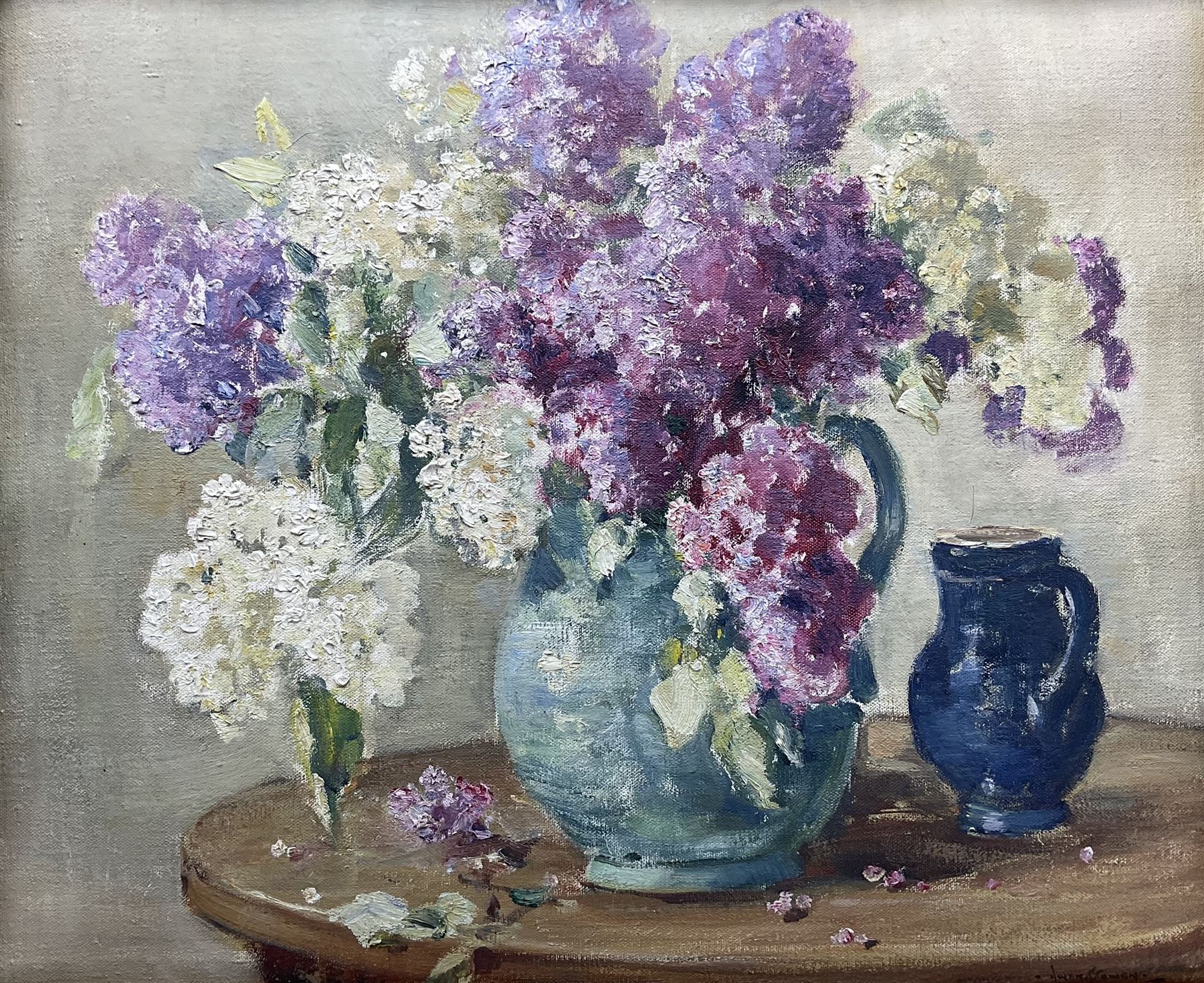 Owen Bowen (Staithes Group 1873-1967): Still Life of Purple Flowers, oil on canvas signed, with a further sketch of the River Wharfe verso 50cm x 60cm