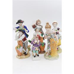 Three pairs of Sitzendorf figures, each modelled as a shepherd and shepherdess, together with another continental figure  