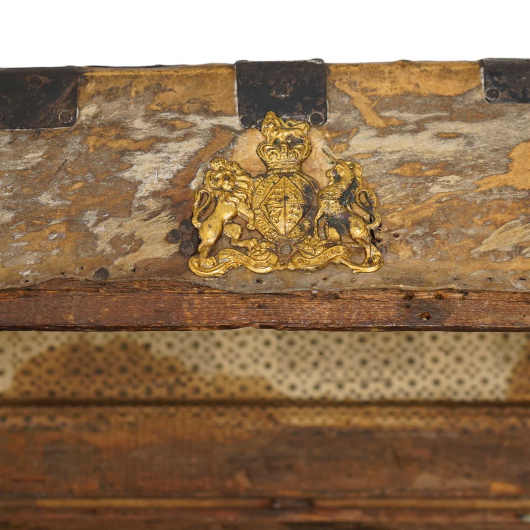 18th century pony skin and metal bound dome top trunk, fitted with iron carrying handles (W70cm, H35cm, D33cm); together with a rectangular Chinese trunk (W77cm, H32cm, D47cm)