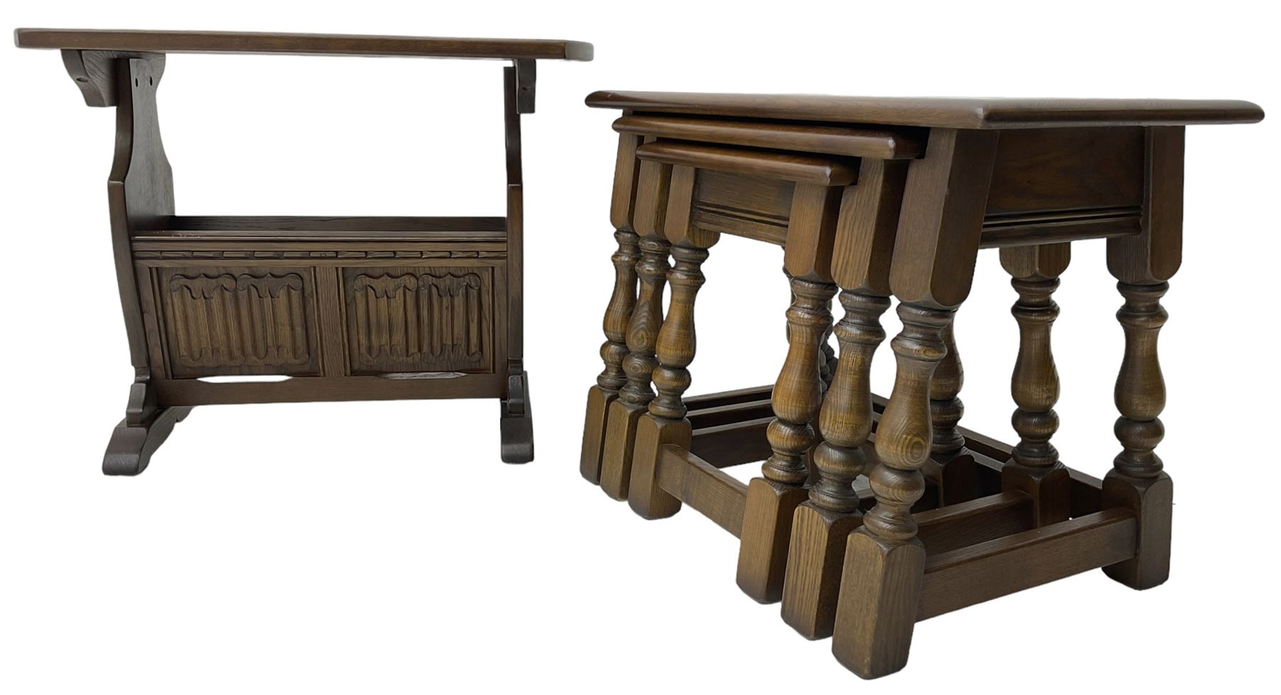 Old Charm - oak nest of three tables (W61cm, D33cm, H45cm); magazine table with carved linenfold detail (W66cm, D36cm, H51cm) (2)