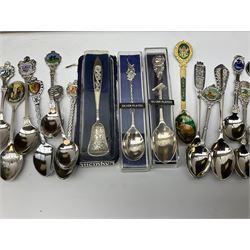 Collection of souvenir teaspoons with wooden display case, H62cm, L53cm. 