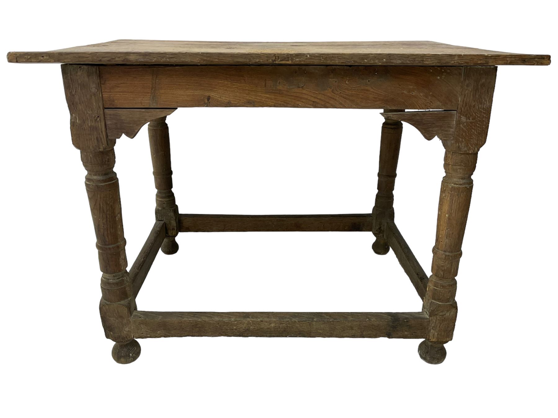 18th century oak joined table, rectangular pegged plank top on turned supports united by plain stretchers