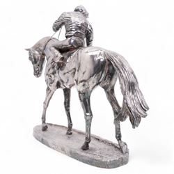 Elizabeth II silver racehorse and jockey, modelled by David Geenty, by Camelot Silverware, Sheffield 1995 (filled), on oval base modelled as turf, L34cm x H27cm