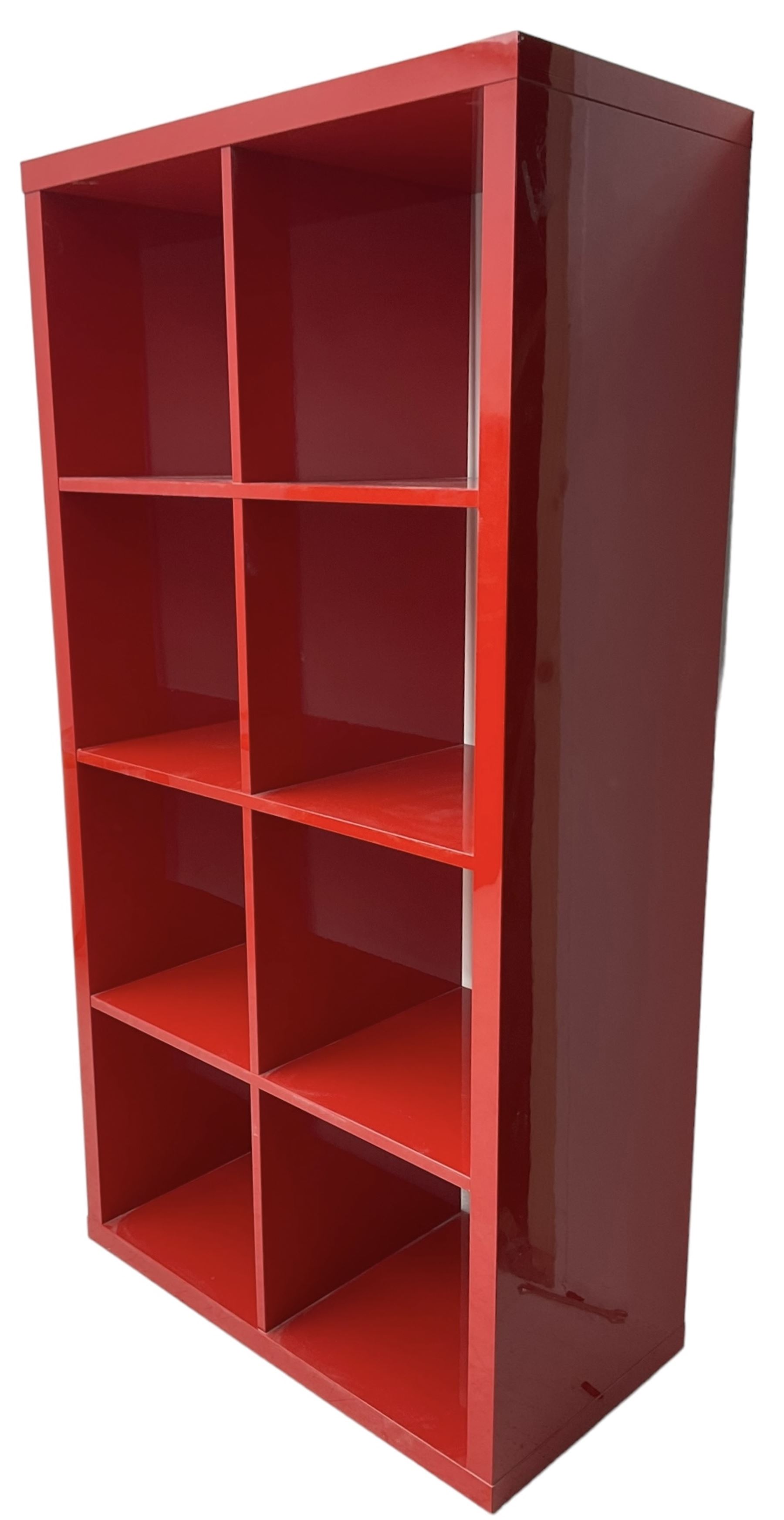 Modern red lacquered bookcase or shelving unit, with eight evenly divided compartments, finished in a high-gloss lacquer