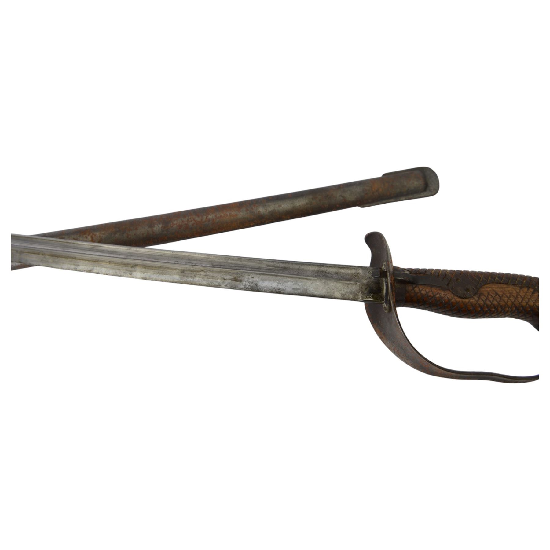 Japanese cavalry sword, curved single edge blade, with steel guard and chequered wood grip handle, in steel scabbard, L94cm