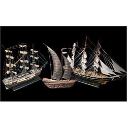 Three ships models, to include Ponsford Cutty Sark example and a driftwood example with tin sails 