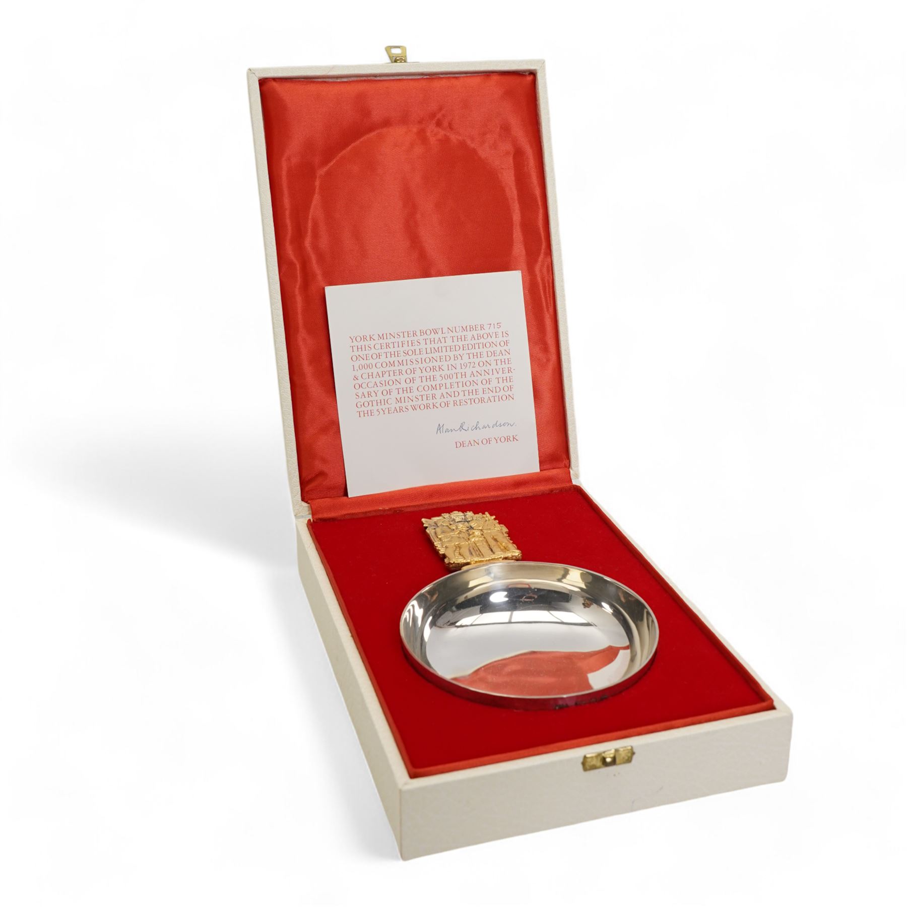 Aurum York Minster limited edition silver bowl with gilded handle and planished finish to the exterior, to commemorate the 500th anniversary of the completion of the Gothic Minster No.715/1000 designed by Hector Miller London 1972 with certificate and original case  