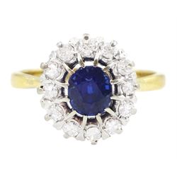 Gold oval cut sapphire and round brilliant cut diamond cluster ring, stamped 18ct Plat, sapphire approx 0.85 carat, total diamond weight approx 0.35 carat