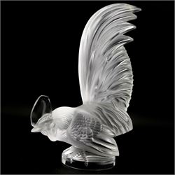 Lalique crystal Cockerel and Sparrow with head under wing, both signed Lalique, France, H21cm max (2)