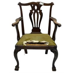 George III  elm and walnut elbow chair, shaped cresting rail over pierced and interlaced splat back, upholstered drop-in seat, on acanthus carved cabriole supports with ball and claw feet 