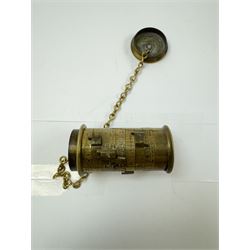 Late 19th century Watkins Exposure Meter, in cylindrical brass case, inscribed Sole Makers R. Field & Co, Birmingham, together with a 19th century brass plate camera lens