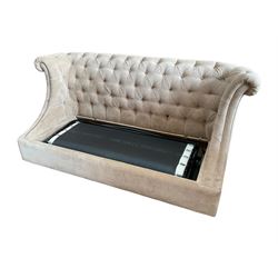 Grande wing back sofa bed, upholstered in beige buttoned fabric, metal action pull out double bed