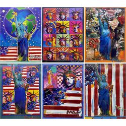 Peter Max (American 1937-): 'United we Stand', 'Liberty and Justice for All', 'God Bless America - With Five Liberties', 'God Bless America II', 'Peace on Earth', and 'Land of the Free, Home of the Brave', set of six mixed media with acrylic and colour lithography 59cm x 44cm (6)