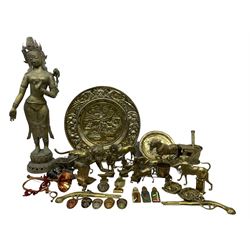 Large brass sculpture, together with a quantity of metalware, including brass tiger with gaping mouth, copper horn, brass dog with a pheasant , collection of brass horses, brass door knocker etc, sculpture H80cm