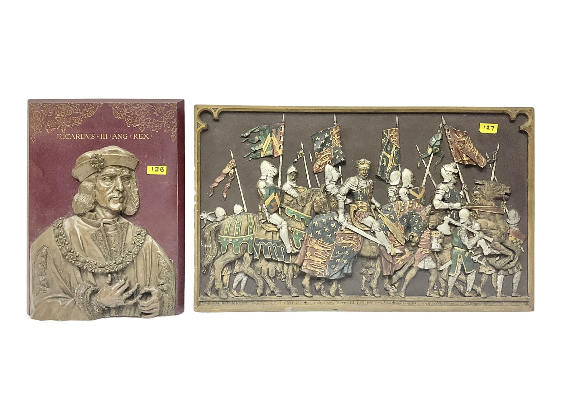 Ricardvs III wall plaque by Elizabeth Sharp for Marcus Replicas and another of medieval knights, largest H25cm, L41cm 