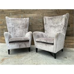 4 x Wing back armchair upholstered in silver crushed velvet fabric