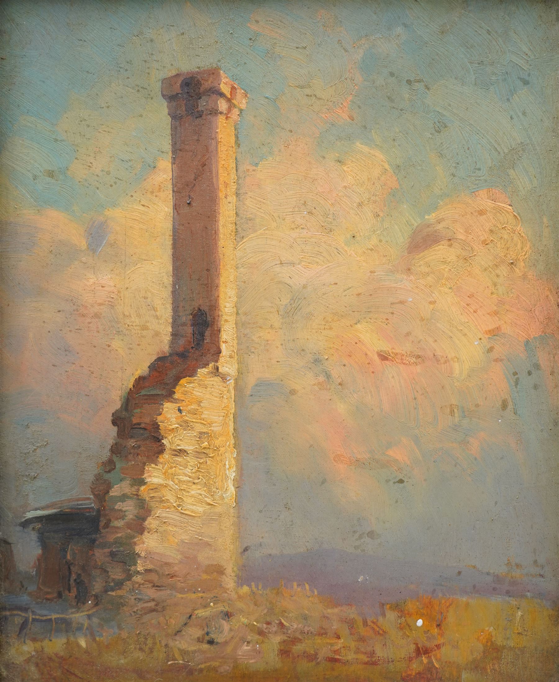 French/English School (19th Century): Rochecorbon Watchtower near Tours, oil on panel unsigned, inscribed 'La Cheminée de Rochecorbon near Tours. The watch tower on which was a fire signal to communicate with the Château of Amboise' verso 26cm x 21cm