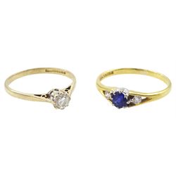 18ct gold three stone round cut sapphire and round brilliant cut diamond ring and a 9ct go...