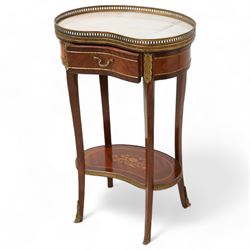 Early 20th century French walnut kidney-shaped occasional table, white marble top with raised pierced brass gallery, fitted with single frieze drawer, flanked by acanthus shaped gilt metal mounts, raised on cabriole supports united by a floral inlaid under-tier