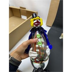 Two Murano glass clowns, together with similar glass figures, including cockerels and fish