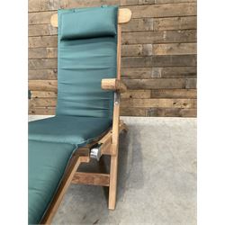 Pair of solid teak adjustable garden steamer armchairs, stainless brackets, with cushions