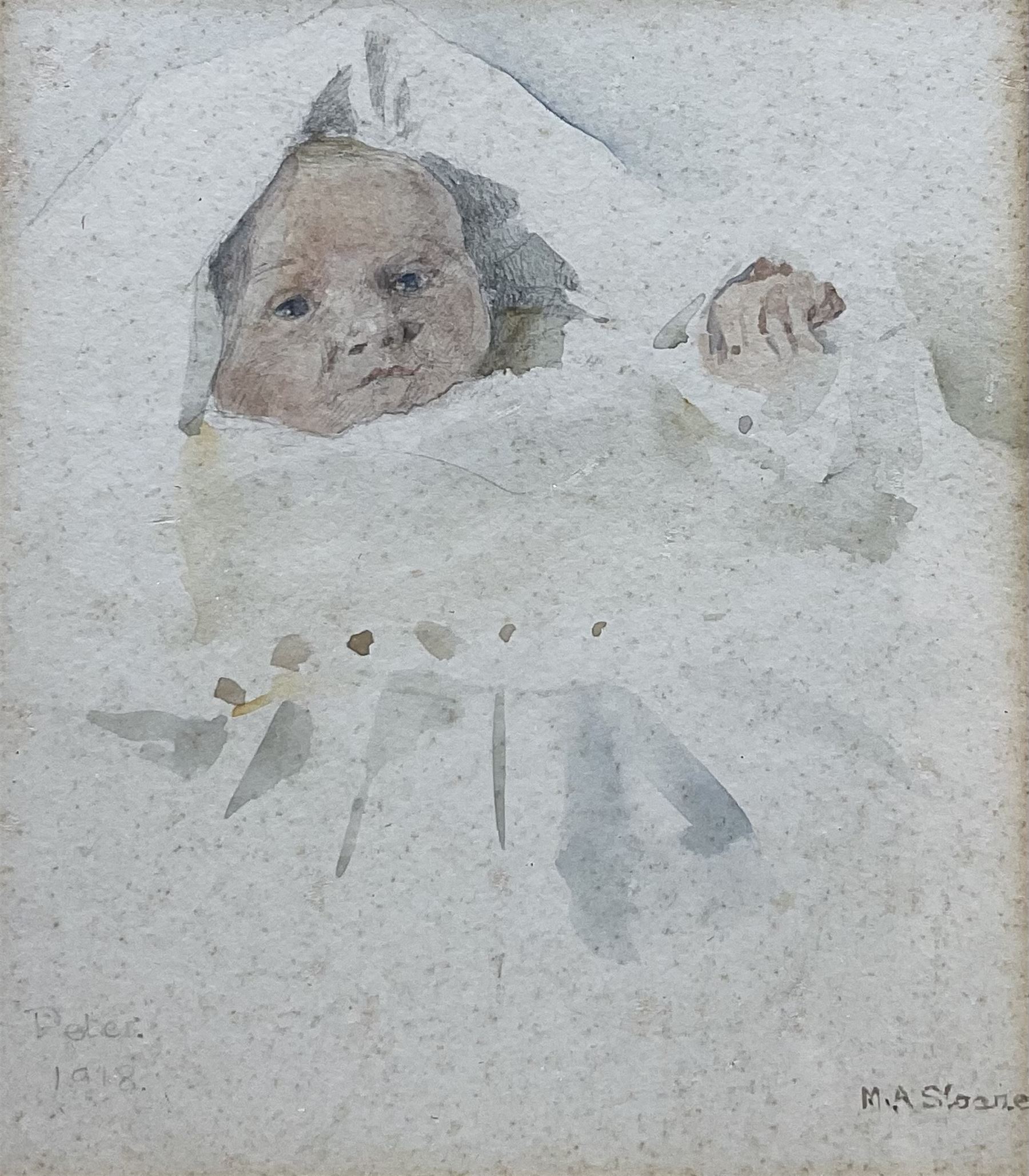 Mary Annie Sloane (British 1867-1961): Portrait of the Artist's Son 'Peter', watercolour signed titled and dated 1918, 13cm x 11.5cm 
Notes: Sloane was a student of Sir Hubert von Herkomer (British 1849-1914) from whom she developed her skills in etching and engraving, her watercolours are more uncommon. 