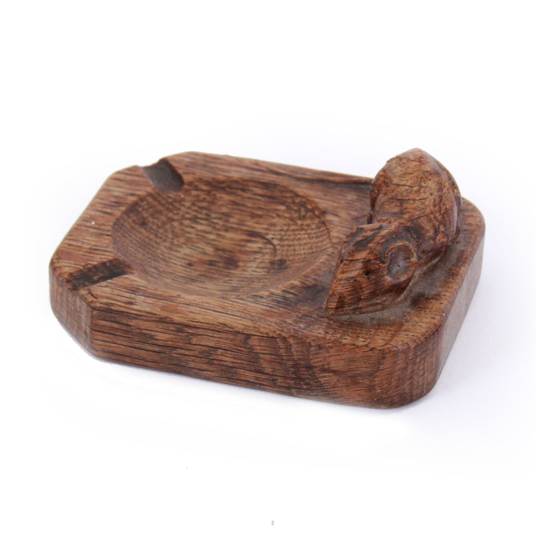 Mouseman - oak ashtray, rectangular form with rounded and canted corners, carved with mouse signature, by the workshop of Robert Thompson, Kilburn