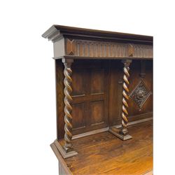 Jacobean Revival oak dresser, projecting moulded cornice over arcade carved frieze and panelled back, on spiral turned supports, moulded rectangular top over two cupboards and two drawers, on spiral turned supports united by moulded stretchers 