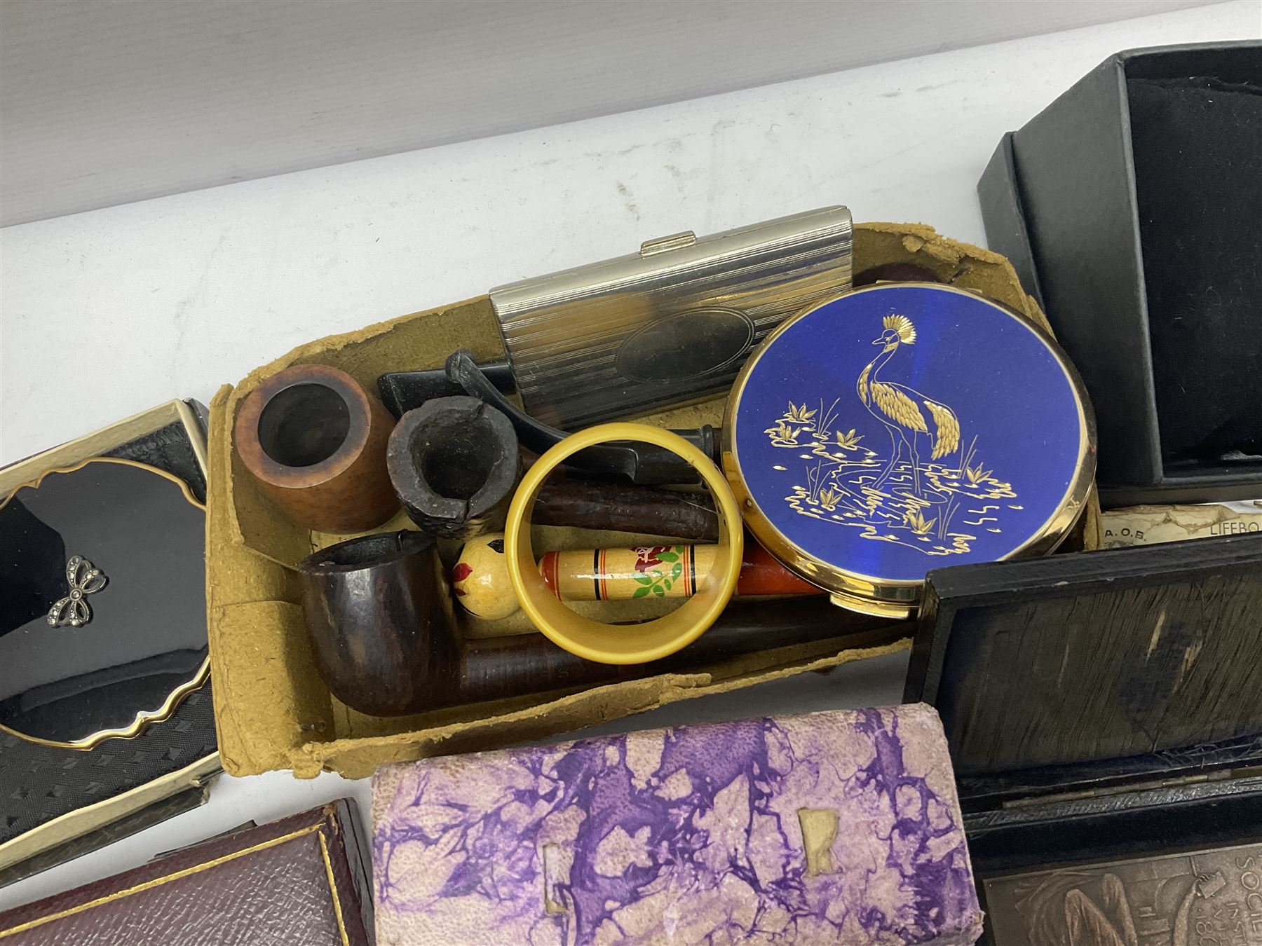 Collection of compact mirrors, including Stratton and Majestic examples, together with four pairs of opera glasses, Masonic jewels, etc