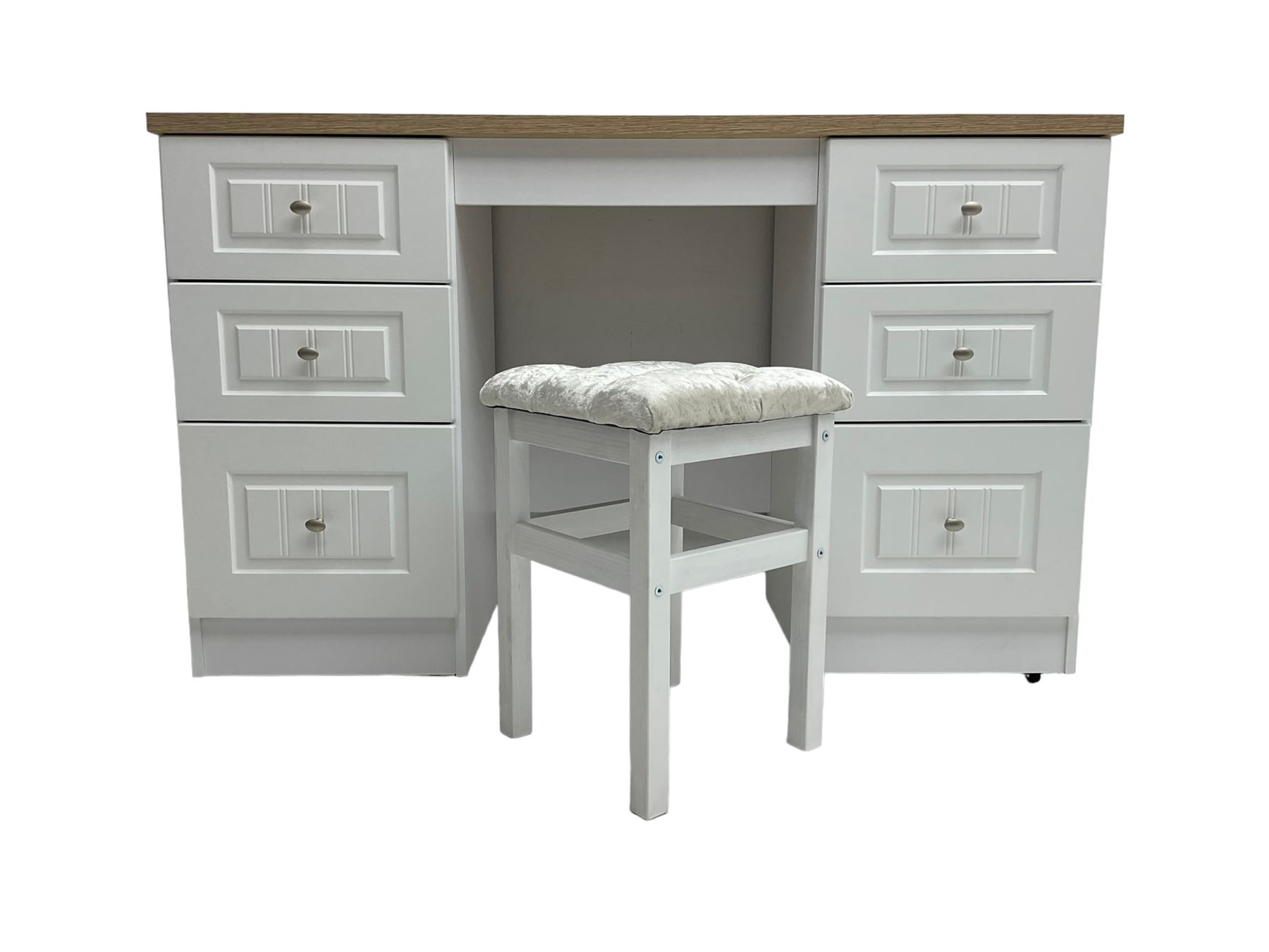 Oak and white finish twin pedestal dressing table or desk, fitted with six drawers and with stool