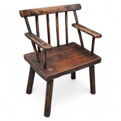 Vernacular 'Irish famine' or 'primitive' pine chair, bar cresting rail over spindle back, ...