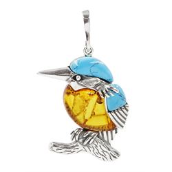Silver Baltic amber and turquoise kingfisher pendant, stamped 925