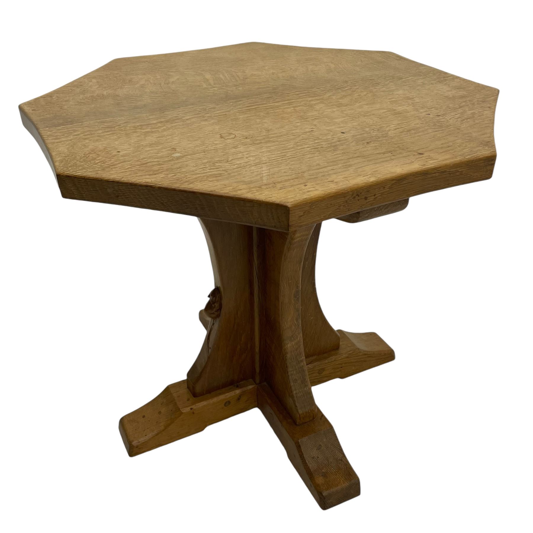 Mouseman - occasional table, adzed octagonal top, cruciform base on sledge feet, carved with mouse signature, by the workshop of Robert Thompson, Kilburn 