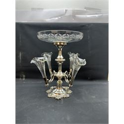 Walker & Hall Sheffield silver plated epergne and a pair of plated candle sticks, epergne H35cm