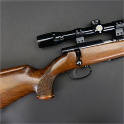 SECTION 1 FIREARMS CERTIFICATE REQUIRED - Anschutz .22lr 1422 bolt action rifle, with 58cm smooth barrel, chequered pistol grip stock, fitted with Nikko Stirling Silver Crown 4 x 40 scope, overall L110cm, serial no.12567625