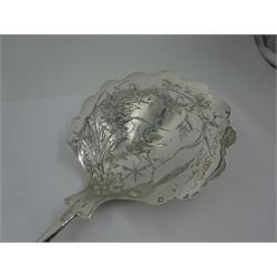 French silver aesthetic movement serving spoon, the scallop edged bowl engraved with a bird amongst flowers and foliage, stamped with Minerva's head standard and weevil export mark, L23cm