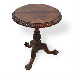 19th century rosewood tripod table, circular tilt-top with gadroon carved edge, turned column with lobed bands and curled acanthus leaf carved baluster, three out-splayed supports with shell carved knees and scaled ball and claw feet, 

Provenance:
Nidd Hall: acquired by Guy Reed from
Richard Butler, 17th Viscount
Mountgarret, in 1968