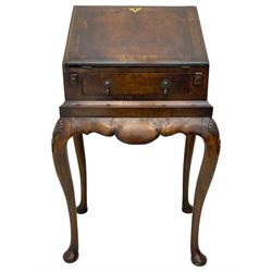 20th century walnut bureau, hinged fall front with moulded edge and cross banding over single drawer, the interior fitted with six pigeonholes and three drawers, on shell and bell flower carved cabriole supports, scalloped apron and side rails 