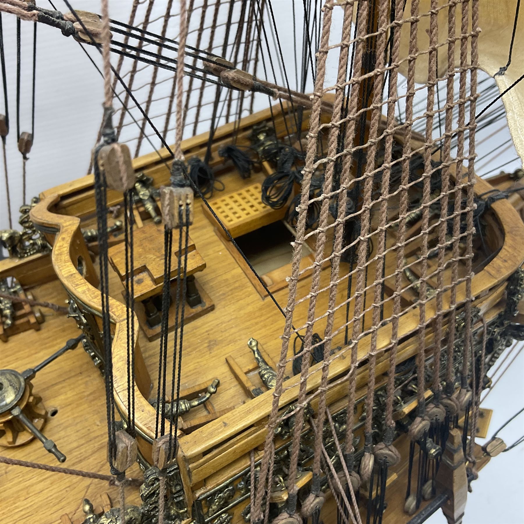 Large kit built scale model of 17th century Royal Navy warship 'HMS Sovereign of the Seas', upon wooden stand with engraved name plaque, H91cm, W111cm