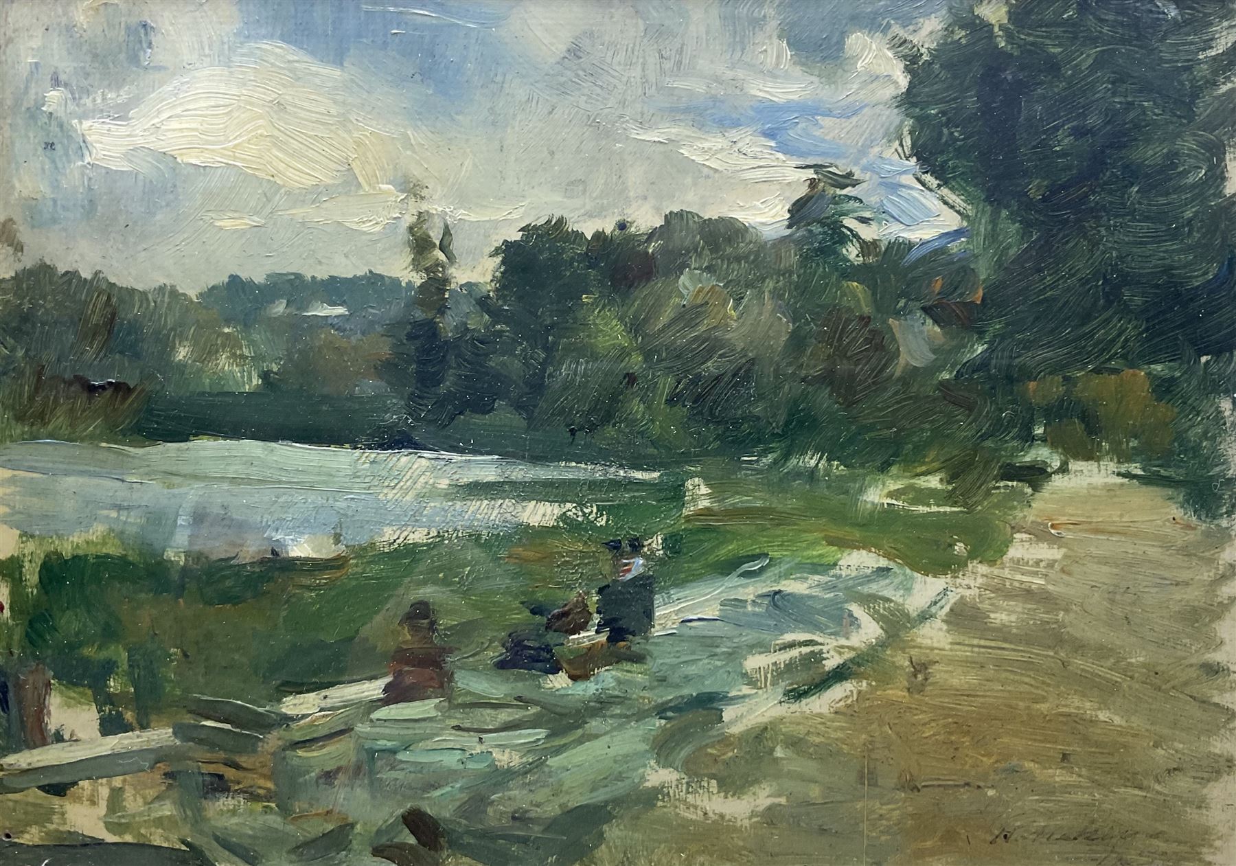 Henrique Medina De Barros (Portuguese 1901-1988): 'On the Seine', oil on board signed and dated 1929, titled on Redfern Gallery label verso 15cm x 21cm