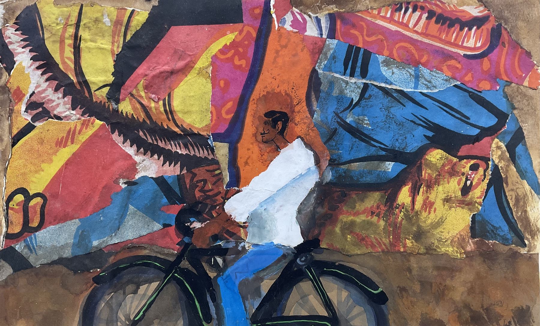 Continental School (Late 20th Century): The Cyclist, gouache collage unsigned 23cm x 36cm 