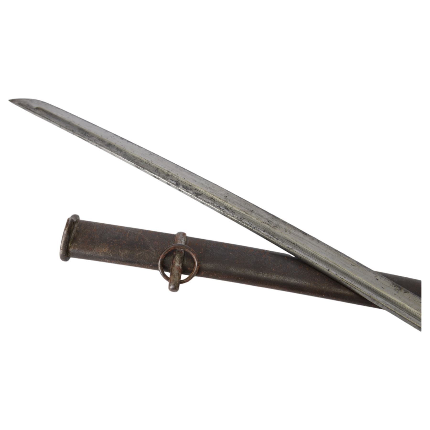 Japanese cavalry sword, curved single edge blade, with steel guard and chequered wood grip handle, in steel scabbard, L94cm