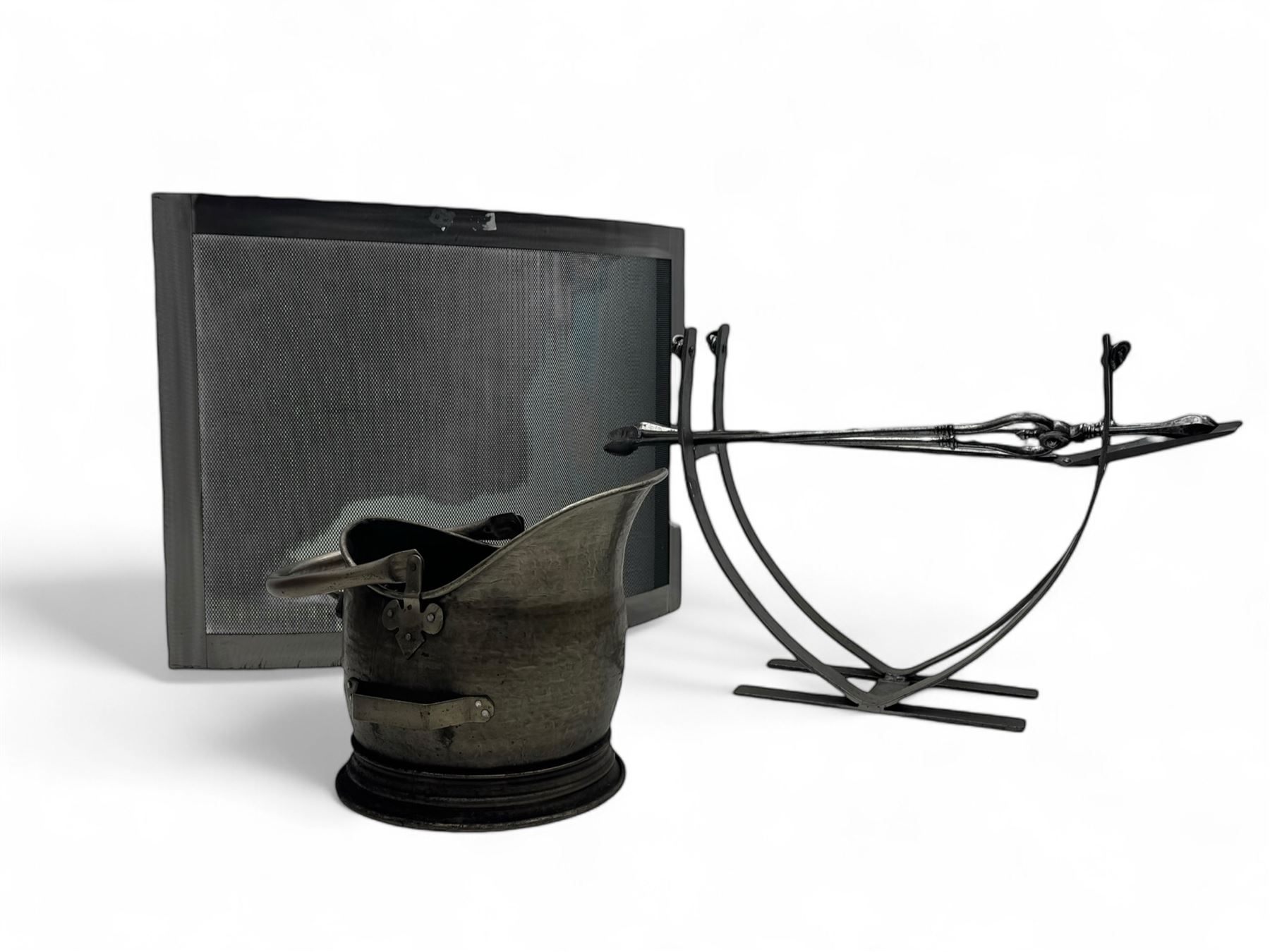 Burnished metal fire set - curved spark guard (W77cm, H60cm); log basket; companion set; helmet coal bucket 