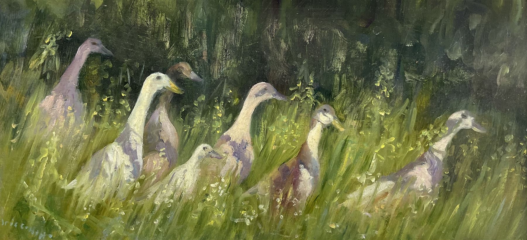 Iris Collett (British 1938-): Seven Geese, oil on board signed 19cm x 39cm