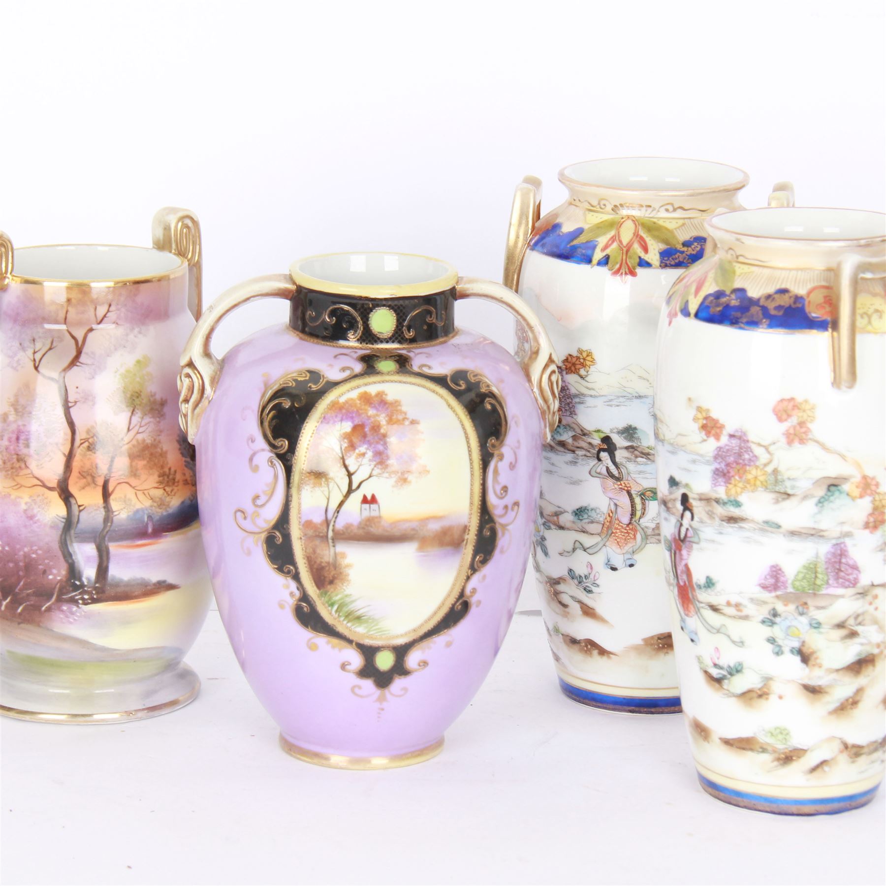 Pair of Noritake Chinoiserie pattern vases, together with two other Noritake vases, H21cm