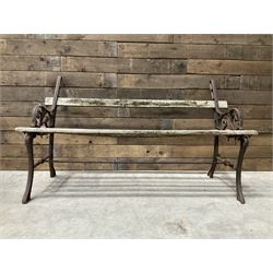 Pair of faux bois cast metal bench ends; together with wooden slatted bench with metal ends