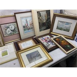 Group of original oils mostly indistinctly signed, watercolours including Edith Buxton, T Orsini etc and a large collection of engravings in one box (approx. 32)