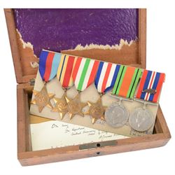 WWII group of six medals comprising 1939-45 War Medal, Defence Medal, 1939-45 Star, Africa Star, France and Germany Star and Italy on wearing bar